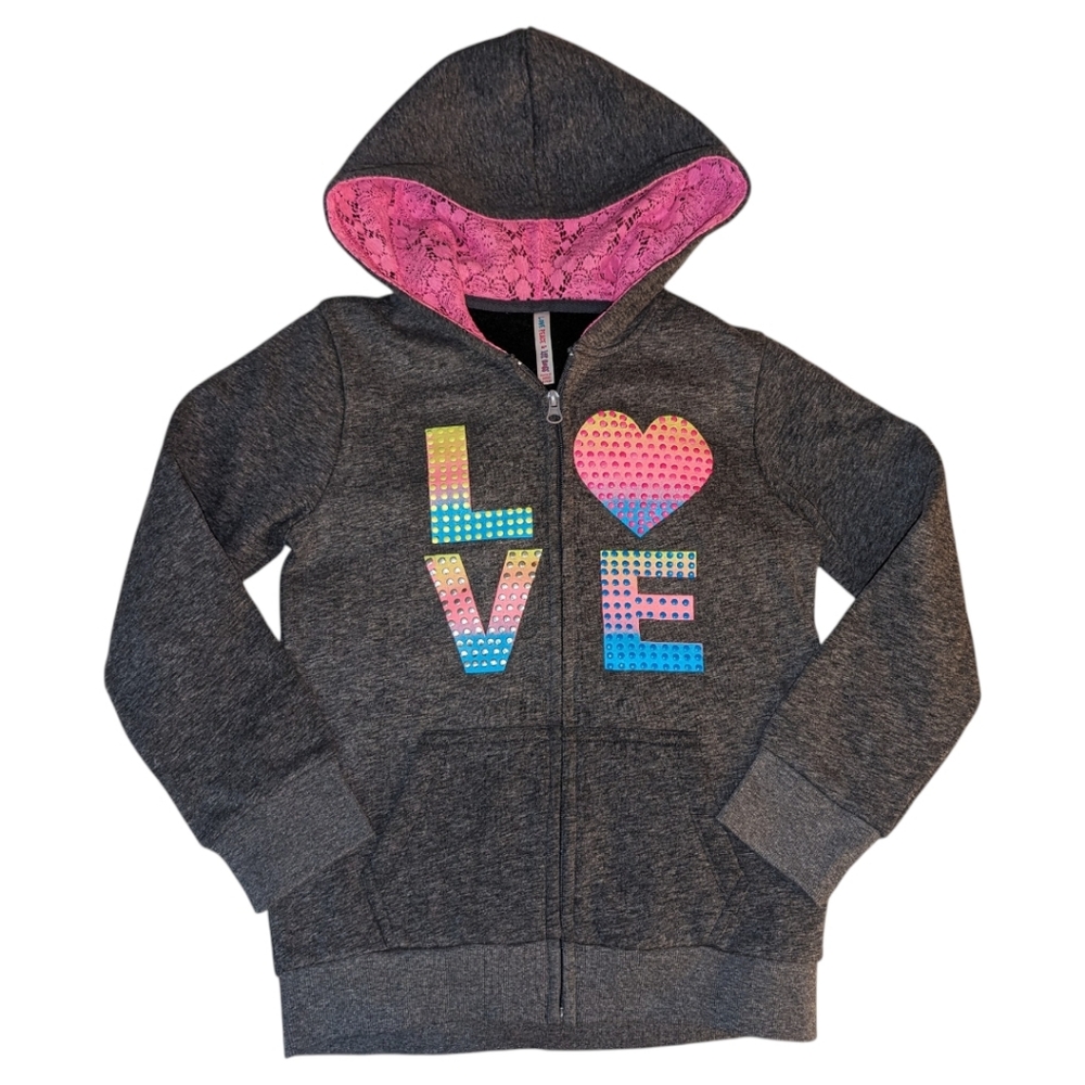 Rare L🩷VE Peace & Lip Gloss Designer Graphic Embellished PINK Lace Hoodie M LTD